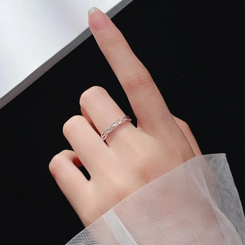 Real 925 Sterling Silver Cross Line Geometric Adjustable Rings for Women Light luxury Fine Jewelry Minimalist Accessories
